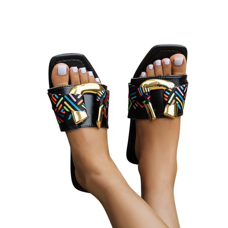 

ZIZOCWA Summer Women Beach Shoes 2023 Fashion Comfort Metal Decor Printing Slippers Women Sandalias De Mujer Pu Leather Vintage Sandals Black Size6.5