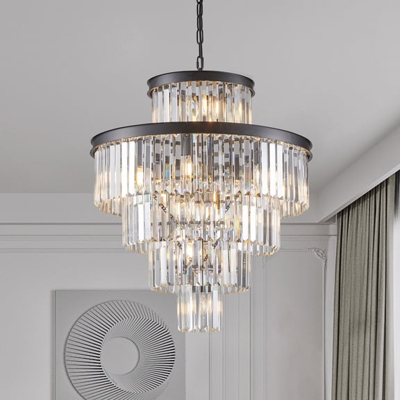 Living Room Light (Same as W1340P188535/L5002-600-B) 24" Luxury Crystal Chandelier with Black Finish – Elegant 15-Light 5 Tier Pendant Light Fixture for Living Room, Dining Room, or Entryway (Bulb No