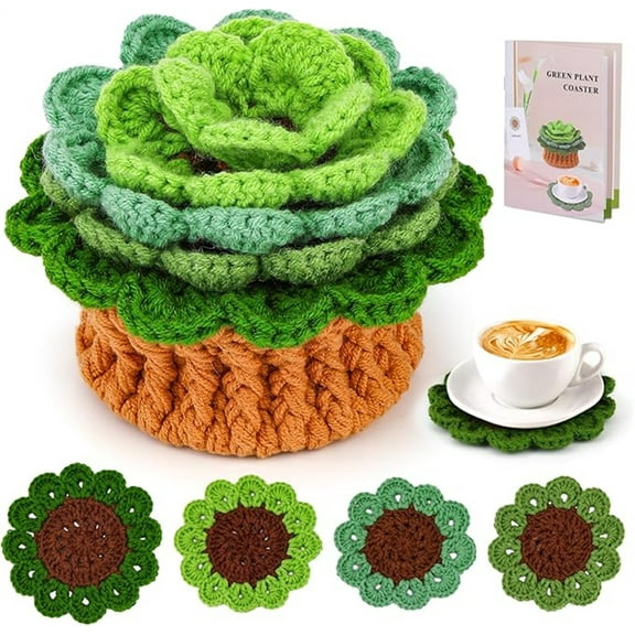 Tutuviw Crochet Kit for Beginners,Green Plant Coasters with Step-by-Step Video Tutorials,Potted Plant Coasters Crochet Start Kit,Easy-to-Learn Knitting with Hook and Yarn,Beginner-Friendly,Home Decor