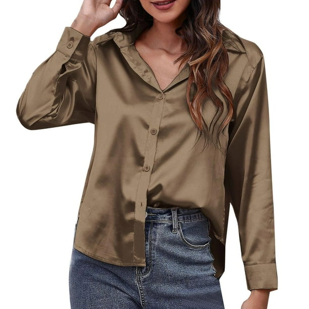 Camisa de manga larga de satén para mujer - Blusa de imitación de seda con ribete en contraste - Moda europea americana para el trabajo/vestir informal