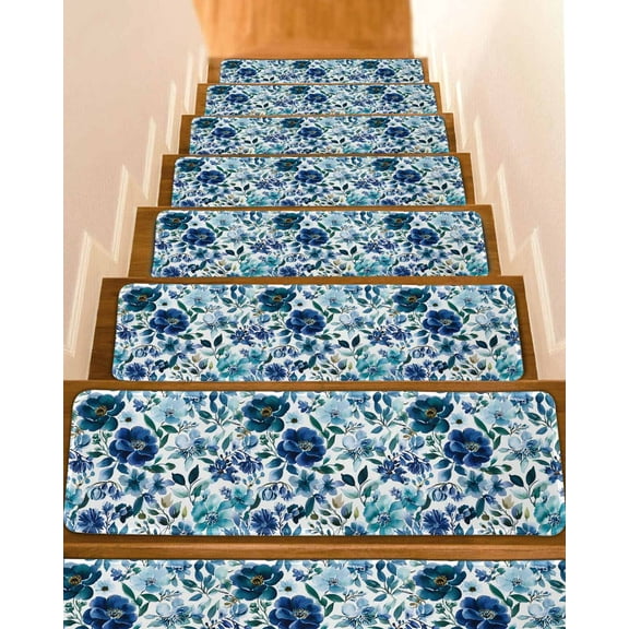 Abstract Floral Stair Treads for Wooden Steps Indoor Runner Rug Carpet, Blue Flowers Retro Country Watercolor 4 Pieces Peel and Stick Staircase Step Treads Covers Washable Throw Door Mats, 30"x8"