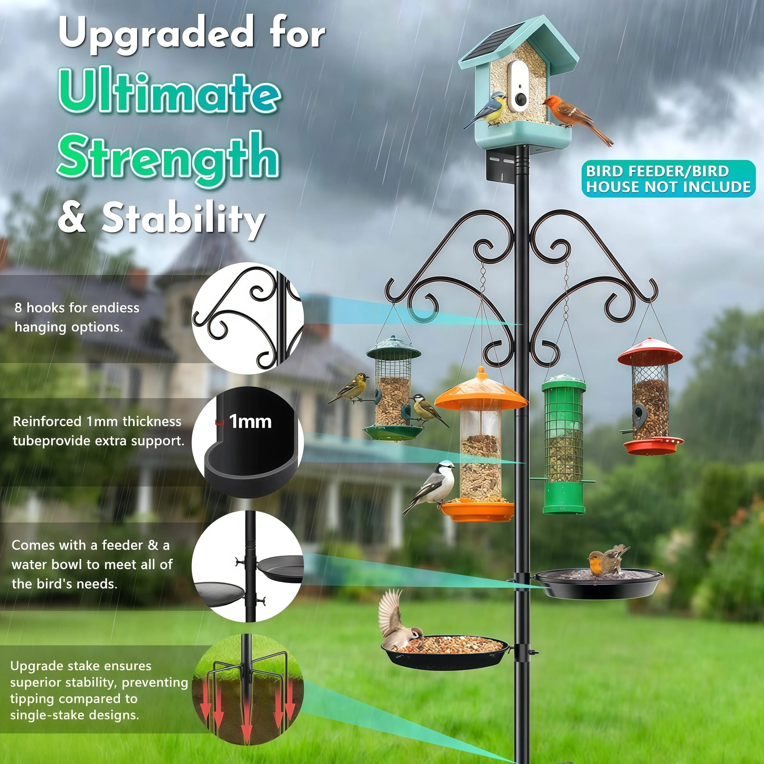 Teblint 92" Bird Feeding Station, Heavy Duty Bird Feeder Pole Bird House Stand Mount Kit with Squirrel Proof Baffle Shepherd Hooks for Outdoor, Adjustable Feeder Stand for Attracting Wild Birds