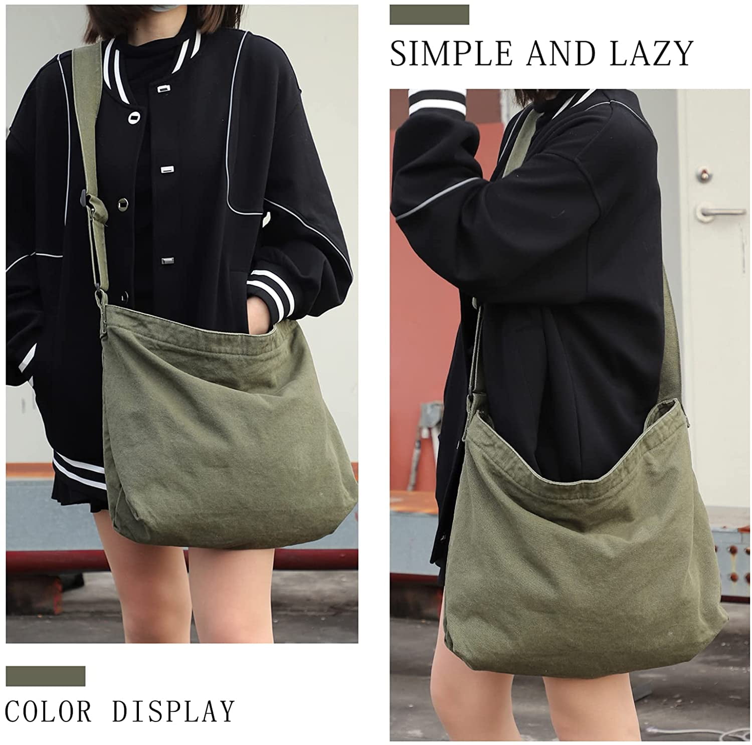Canvas Hobo Bag, Shoulder Bag Unisex Canvas Crossbody Bag with Zipper and Adjustable Strap Handbag Large Tote Bag