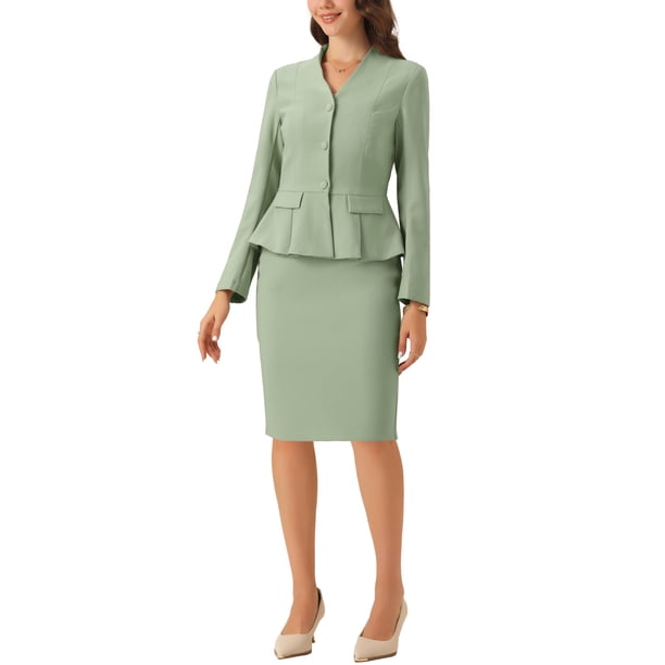 Conjuntos de trajes para mujeres INSPIRE CHIC, atuendos de negocios, blazer peplum sin cuello, falda lápiz formal, conjunto de 2 piezas, XL, verde guisante