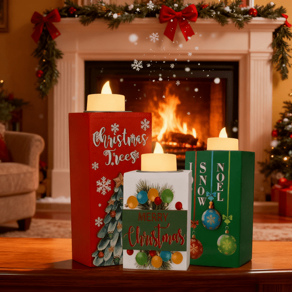 3PCS LED Tea Light Wooden Candle Holders – Christmas Indoor Decor, 3D Carving, Centerpieces for Home Office Table