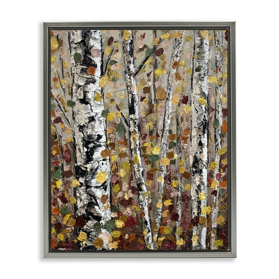Autumn Birch Trees Abstract Leaves Gray Floating Frame Canvas Art, 17 x 21, Made In USA