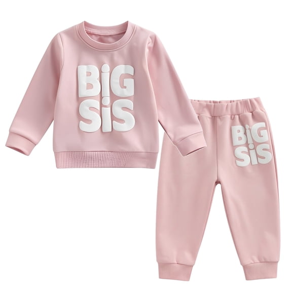 IWRICH Baby Girl Big Sis Letter Printed Matching Outfits Long Sleeve Sweatshirt Tops Pants 2PCS Fall Winter Clothes,Size 1-5 Years Pink 90
