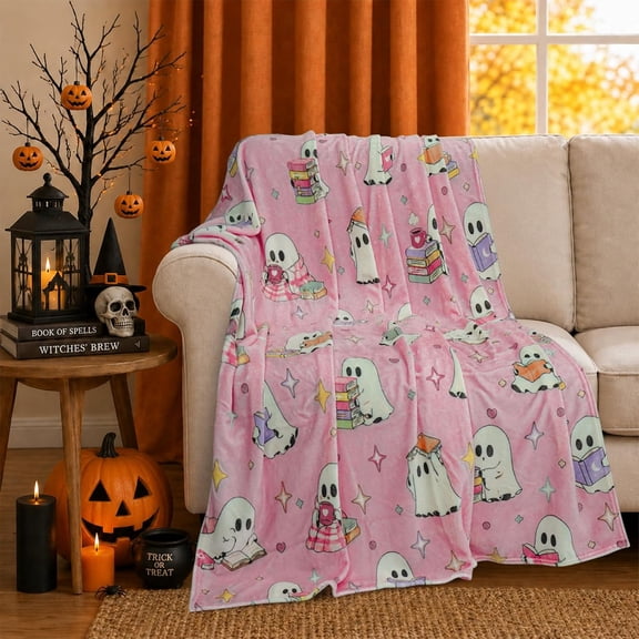Cute Pink Ghost Reading Book Print Throw Blanket Soft Flannel Cozy Plush Blanket For Halloween Home Bedroom Couch Decor 30x40 inches