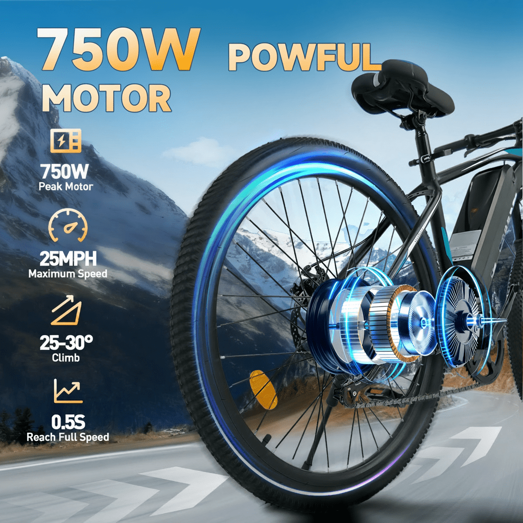 26" Electric Bike for Adults, ebike 750W Peak Power Motor, 35Miles 25MPH Electric Mountain Bike with 432Wh Removable Battery, 7-Speed,UL 2849
