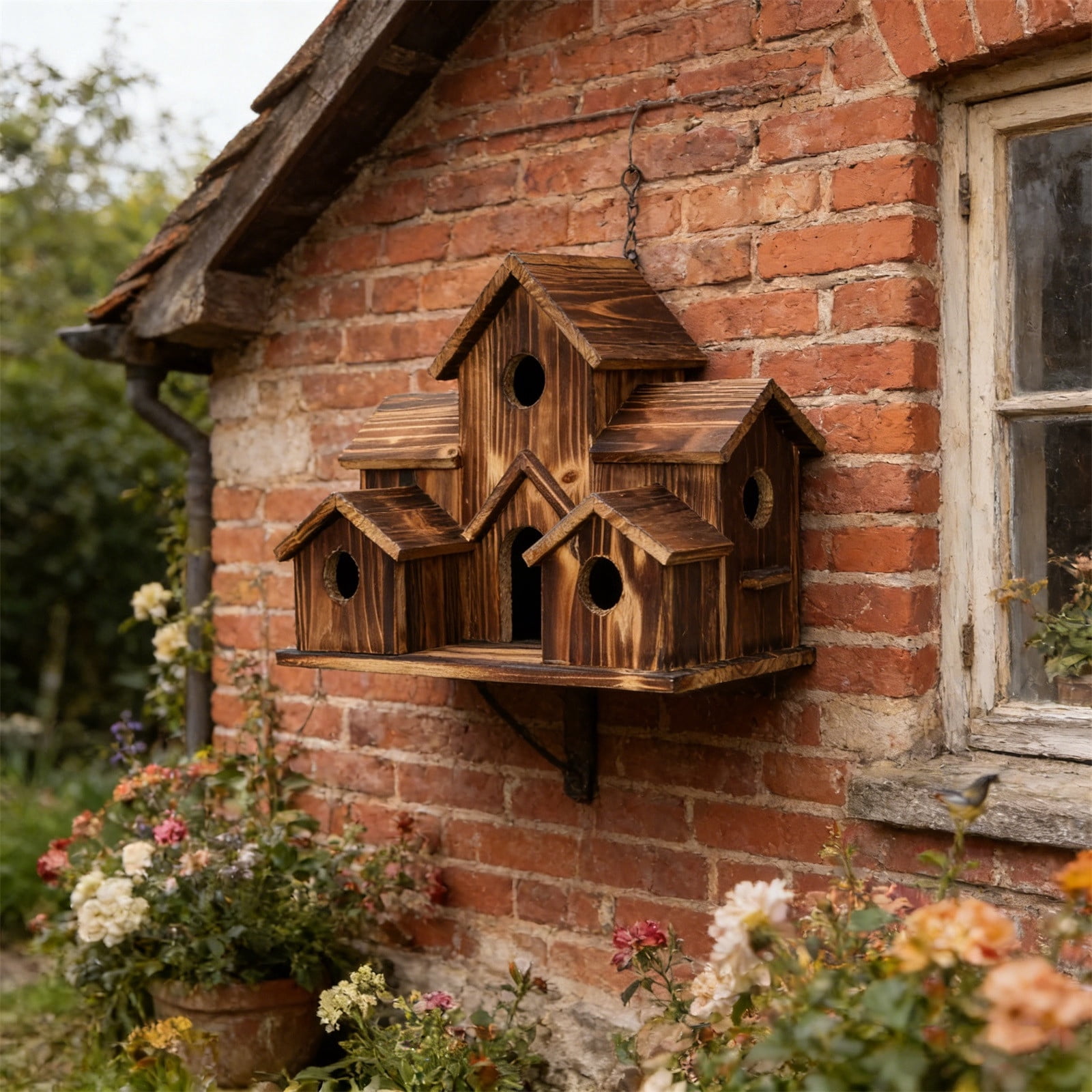 Bird Houses for Outside with Bird Feeder, Outdoor 3 Hole Bird House Room for 3 Bird Families Bluebird Finch Cardinals Hanging Birdhouse for Garden, Brown