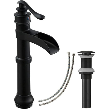 

Vessel Sink Faucet Matte Black Bathroom Waterfall Tall 1 Hole Farmhouse with Pop Up Without Overflow Drain Lavatory Single Handle Farmhouse
