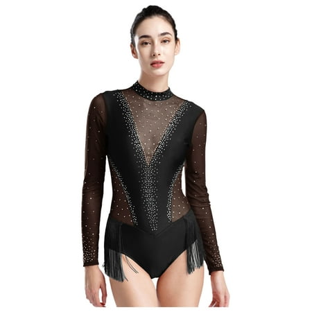 Ocealan Women Rhinestones Latin Dance Leotard Salsa Tango Dance Bodysuit Rhythmic Gymnastics Bodysuit Black XL