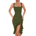 thumbnail image 1 of Vestido Midi Ajustado Fruncido para Mujer, Escote Cuadrado, Sin Mangas, Bajo con Volantes, Vestido de Fiesta para Discoteca, Verde , Talla L, 1 of 7