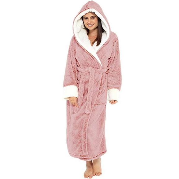 Women's Plush Fleece Robe Cozy Warm Soft Bathrobe Long Hooded House Coat Winter Shower Spa Robe with Pockets Pink M
