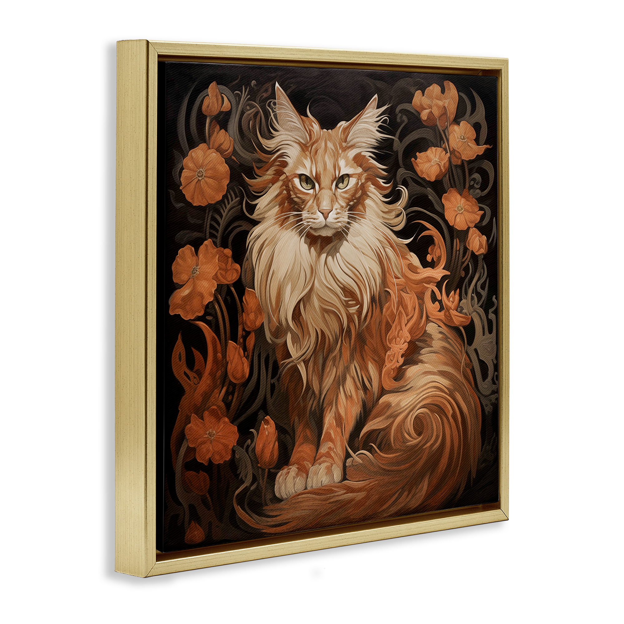 Stupell Industries Maine Coon Cat Portrait Animals Painting Gold Floater Framed Canvas Art Print Wall Art, 25 x 25