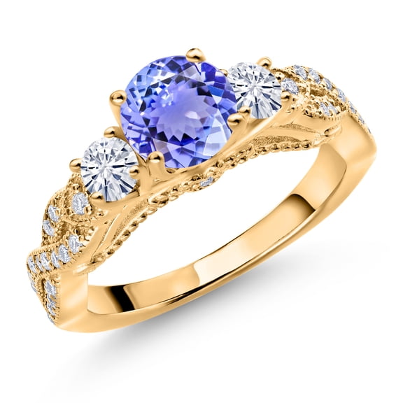 Gem Stone King 18K Yellow Gold Plated Silver Blue Tanzanite and White Moissanite Engagement Ring for Women (1.37 Cttw, Gemstone December Birthstone, Round 6MM and 3MM, Size 8)