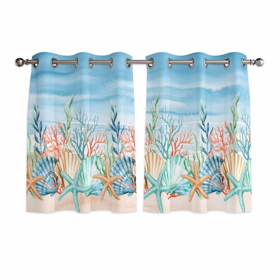 Summer Nautical Kitchen Curtains Window Panels, Coastal Beach Starfish Coral Shell Blue Insulated Window Treatment Curtain, Grommet Curtains for Bedroom/Living Room/Bathroom, 2 Piece 42"Wx54"L