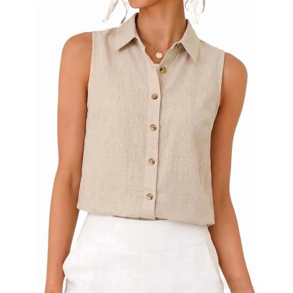 Jerdar Womens Button Down Linen Shirts Spring Summer Sleeveless Blouses Vest Tank Tops XL