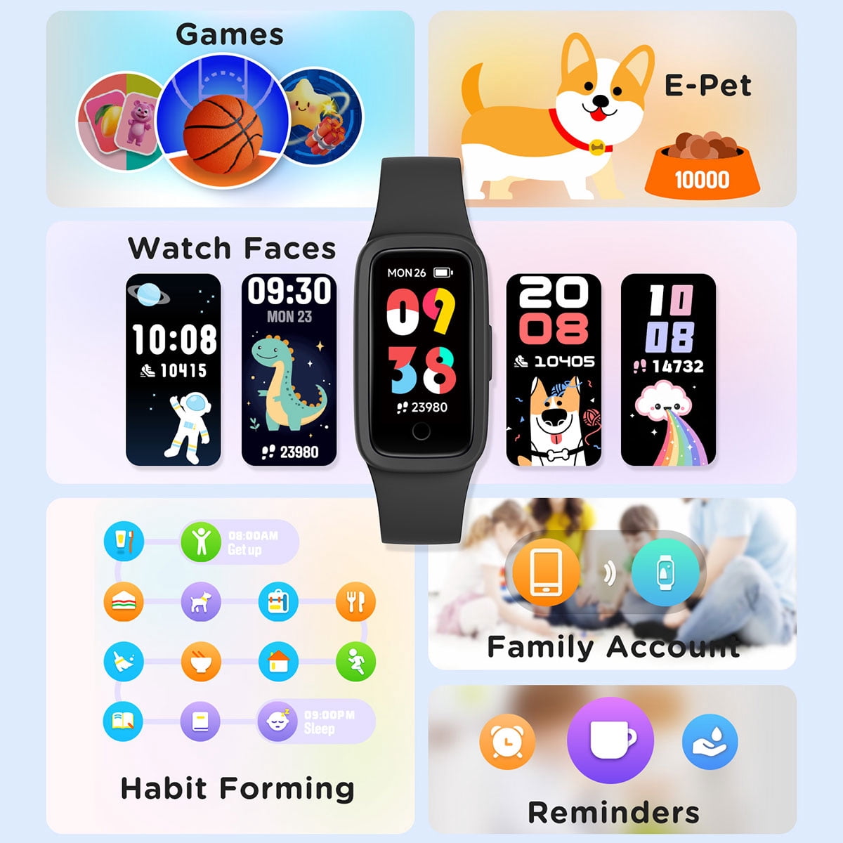 BIGGERFIVE Vigor 3 Kids Fitness Tracker Watch, AMOLED Screen, No App No Phone Needed, 3ATM Waterproof, Heart Rate and Sleep Monitor, Pedometer Watch, Sports Step Counter for Girls Ages 5-15, Black