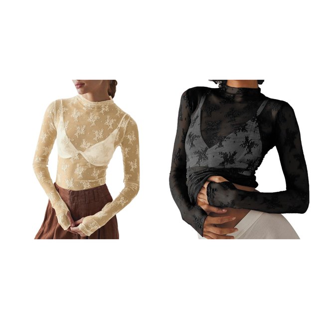 (Lot de 2) Rinsvye T-Shirts à Manches Longues en Maille Superposition Simple pour Femmes Haut pour Femmes Compression Col Broderie Florale Tee-Shirt Transparent Blouse