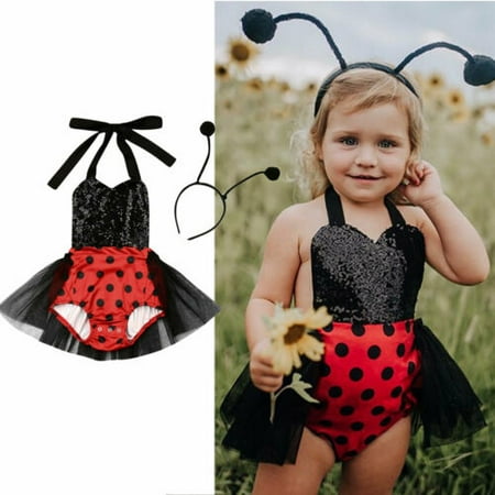 Pudcoco Toddler Baby Girls Ladybug Sunsuit Tutu Dress Headband Outfits Clothes Skirt