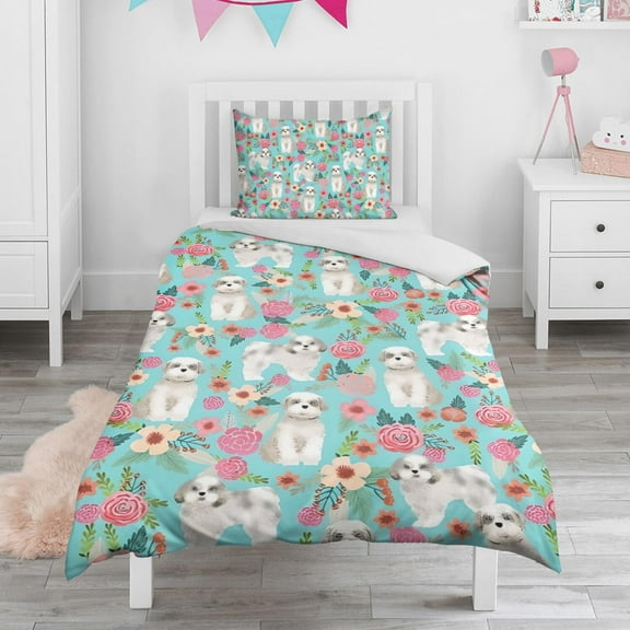 Bichon Dog Blue Florals Duvet Cover and Pillowcase Set for Single Bedding, Bedroom Accessories for Kids Teens