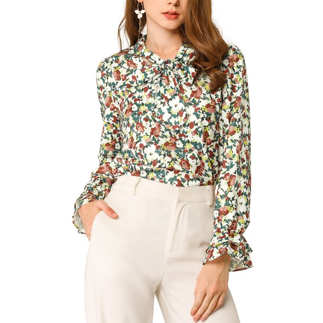 INSPIRE CHIC Haut à Manches Longues Trompette Vintage à Volants à Col en V Noué à Fleurs pour Femme