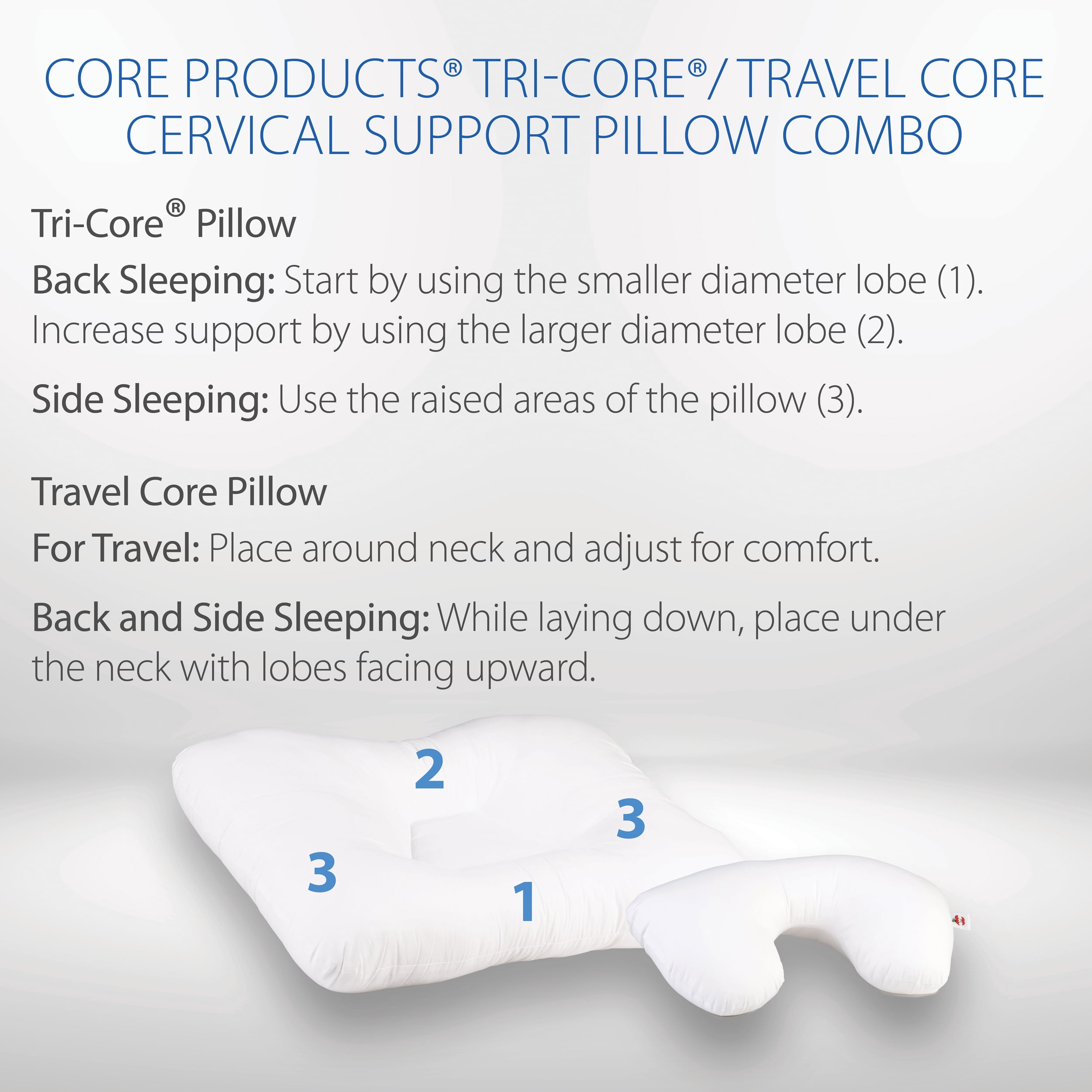 Core Products Tri-Core Cervical Support Pillow & Travel Core Combo, Standard Firm - Midsize