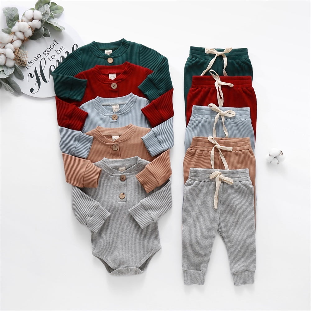 Nituyy 2pcs Newborn Baby Boy Girl Long Sleeve Romper Pants Leggings Knitted Outfits Clothes Set 0 24m Grey