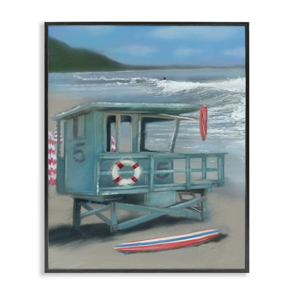 Stupell Industries Lifeguard Stand on Shore Coastal Painting Black Framed Art Print Wall Art, 11 x 14