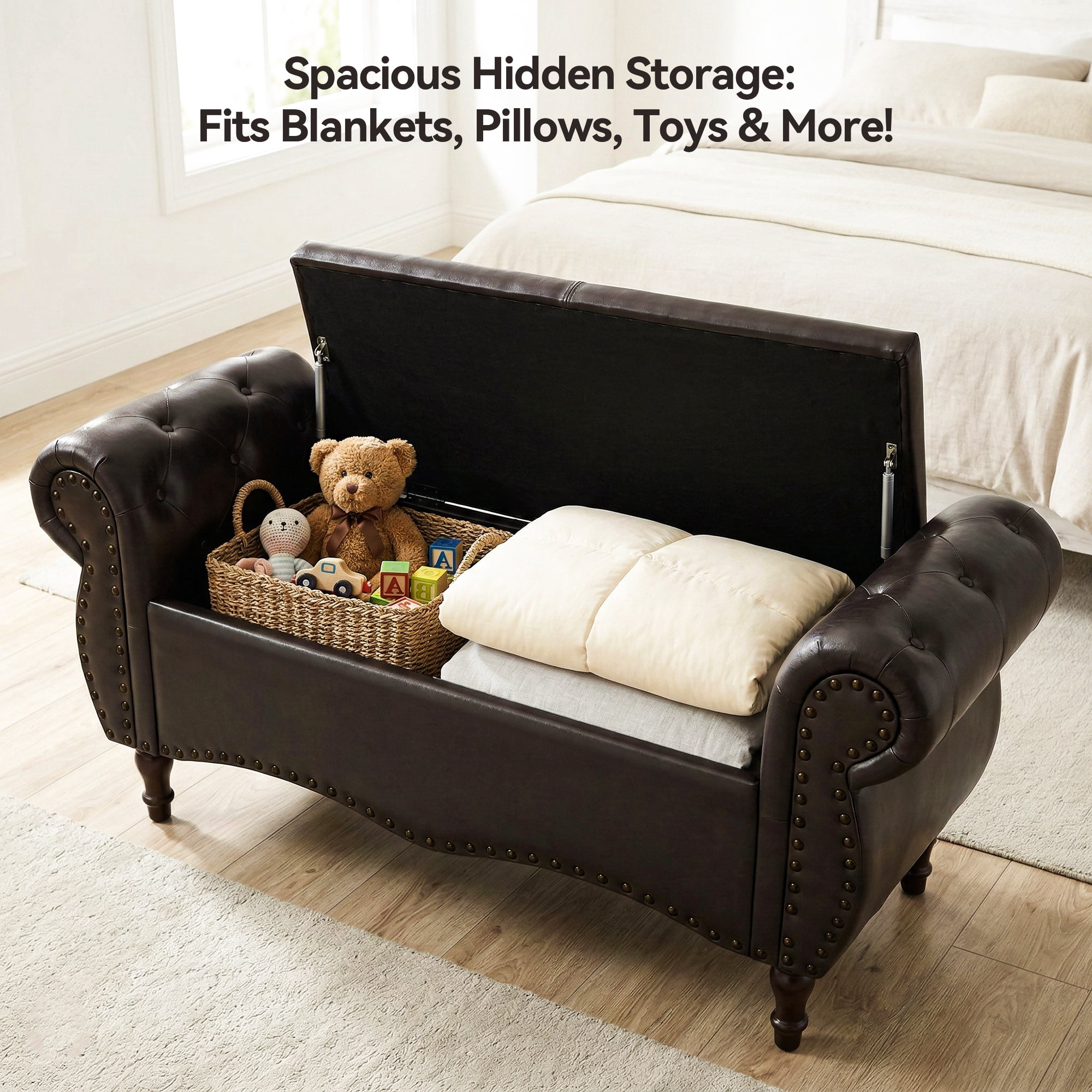 YIKEMA Upholstered PU Leather Rectangle Storage Ottoman Bench with Nailhead Trim, 51.5", Dark Brown