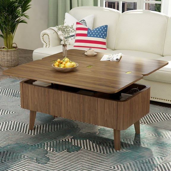 GDF Studio 36" Lift Top Wooden Coffee Table, Fluted Convertible Dining Table with Hidden Storage, Space Saving, Walnut