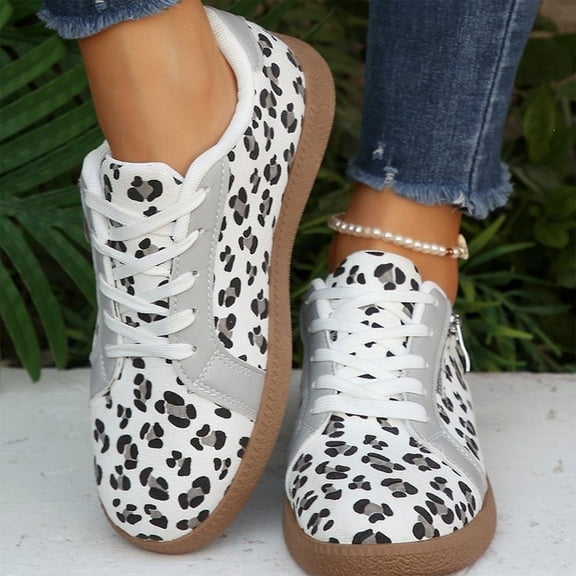 Leopard Print Sneakers for Women, Vintage Color Block Casual Shoes with Decorative Zipper, Lace Up Flat Comfortable Platform Walking Shoes