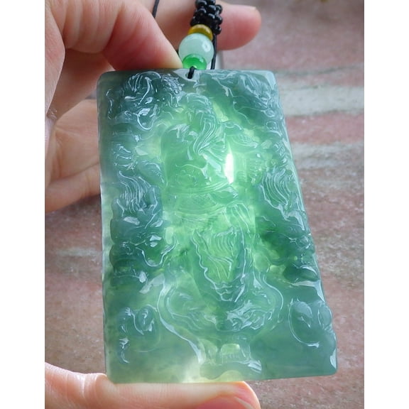 Icy Green Natural A Jade jadeite pendant Guan Gong God 9 Dragon Necklace 676766 TN