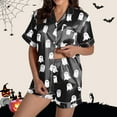 thumbnail image 4 of Halloween Pajamas 2 Piece Pjs Set Silk Ghost Graphic Button Down Short Sleeve Shirts Shorts Halloween Pjs Black L, 4 of 7