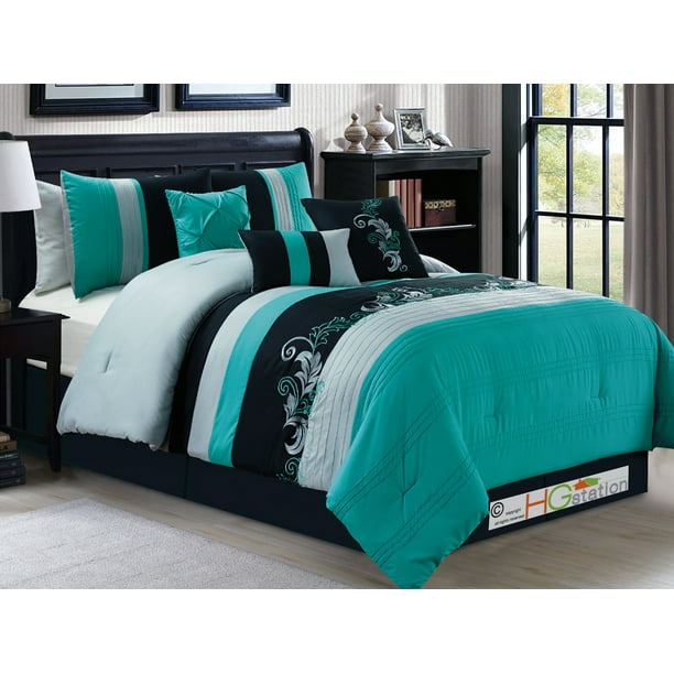 7Pc Gael Scroll Floral Leaves Embroidery Pintuck Comforter Set Turquoise Black Silver King