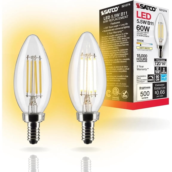 Satco S21274 5.5 Watt LED B11 Bulb, Clear, Candelabra Base, 3000K, 90 CRI, 120 Volt, 2 Pack