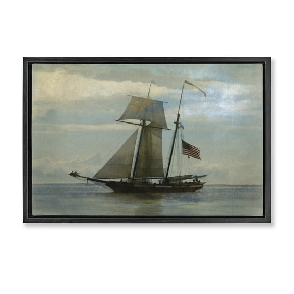 Stupell Industries Classic Ship with Flag Transportation Painting Black Floater Framed Canvas Art Print Wall Art, 25 x 17
