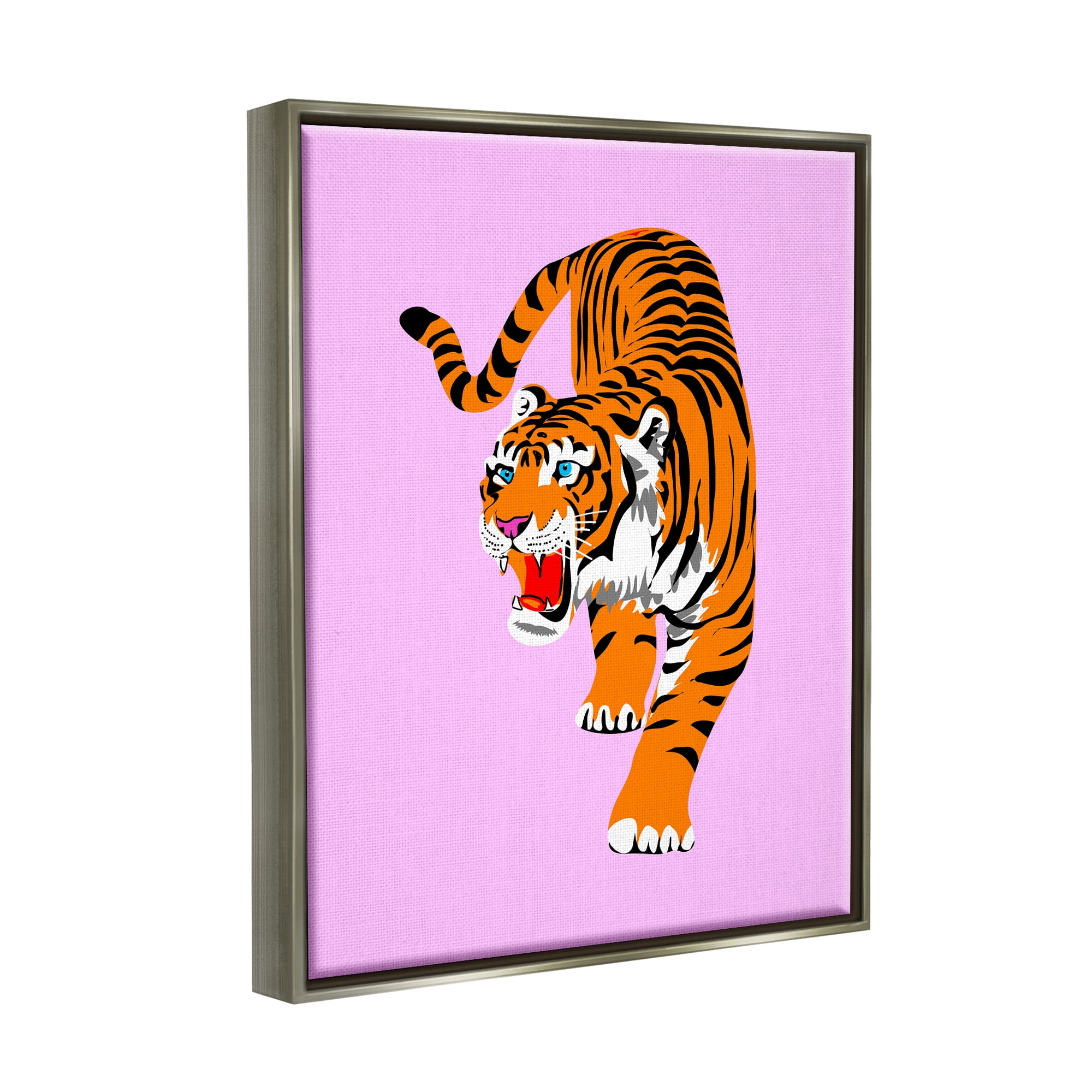 Stupell Industries Roaring Tiger on Pink Animals & Insects Painting Gray Floater Framed Canvas Art Print Wall Art, 25 x 31