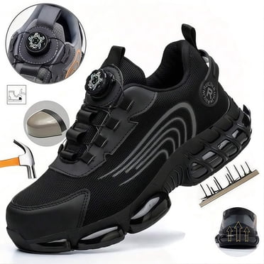XQJ Men's Steel Toe Safety Work Shoes, Lightweight Air Cushion Industrial Construction Sneakers, Comfortable Protective Footwear- Black - Size 5