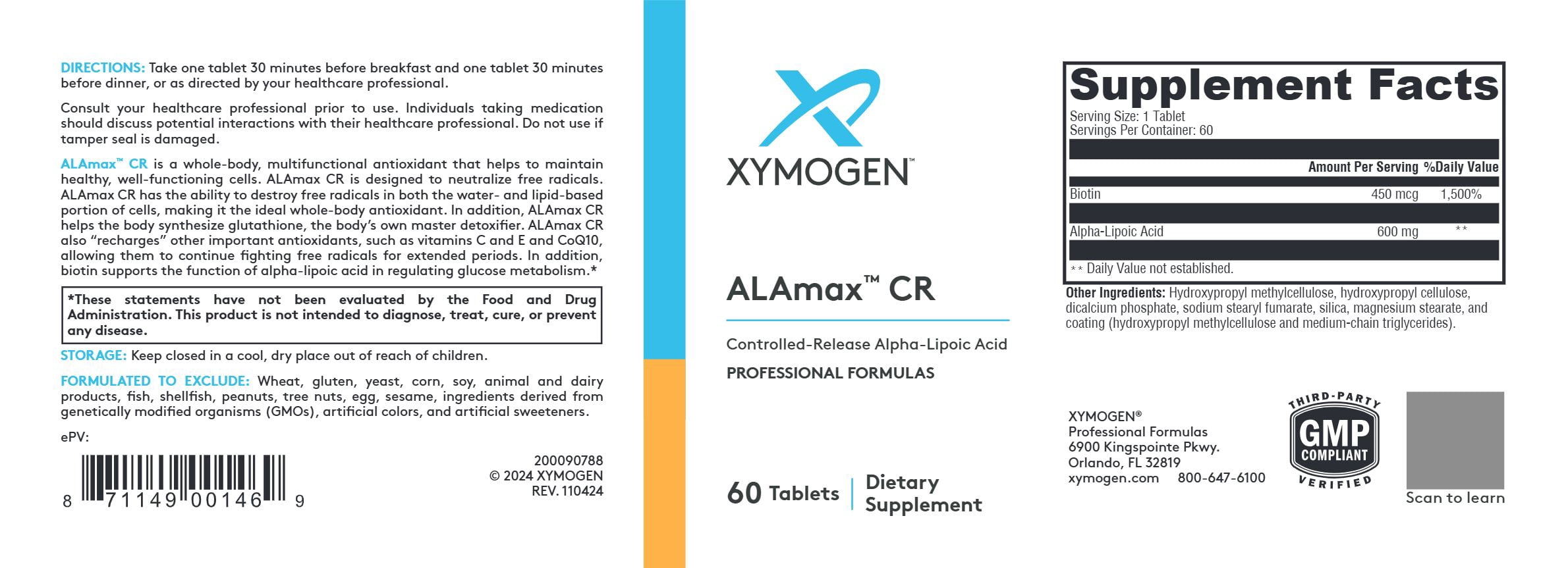 XYMOGEN ALAmax CR - 600 mg Alpha Lipoic Acid with 450 mcg Biotin - Antioxidant & Metabolic Support - Controlled-Release - Gluten-Free, Dairy-Free & Non-GMO - 60 Tablets