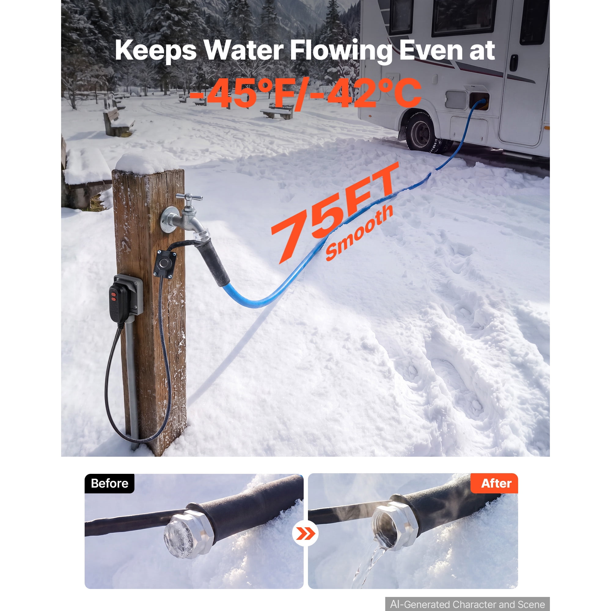 KFFKFF 75FT Heated Water Hose for RV, -45°F Cold-Resistant Drinking Water Hose, 1/2" Inner Diameter, Smooth Exterior, GFCI Leakage Protection, Built-in Thermostat,Freeze-Resistant and BPA-Free for RV
