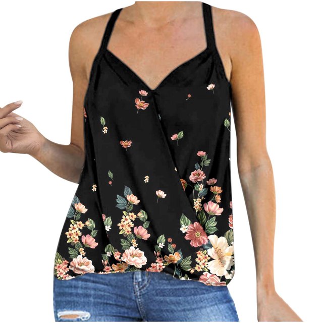 Blusa sin mangas con cuello en V estampado a la moda para mujer Pompotops lopia988252