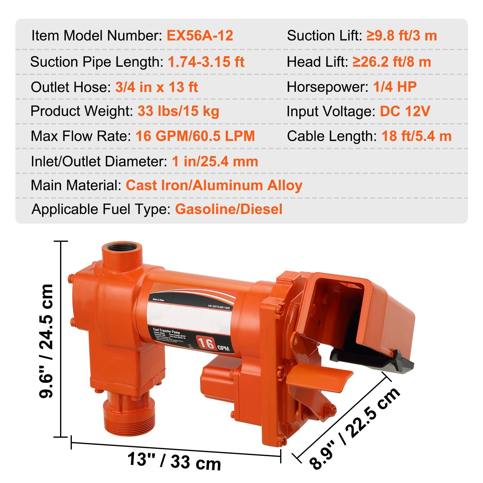 KFFKFF EX56A-12 Explosion-Proof Fuel Transfer Pump, 16 GPM 1/4 HP, 12V DC 13 x 8.9 x 9.6 inch Multicolor