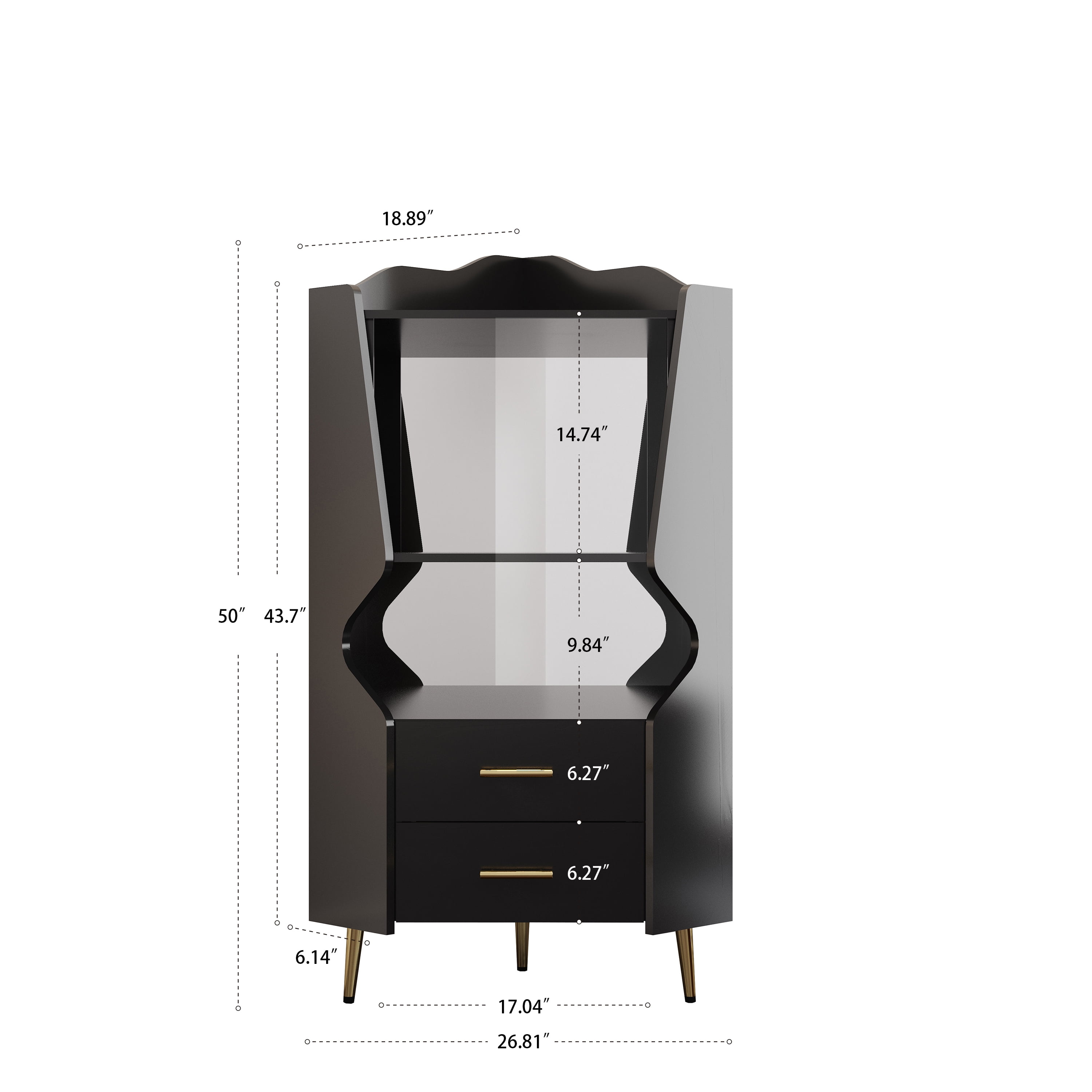 Wooden Corner Bar Cabinet With 2 Open Storage Shelves And 2 Drawers, Mirrored Back Sideboard Cabinet, High Feet/Legs For Easy Cleaning, Buffet Cabinet