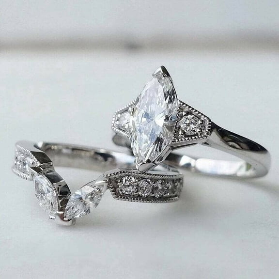 Silver & Stone Jewels 2 CT Marquise Cut Cubic Zirconia Bridal Set Engagement Ring 14K White Gold Plated