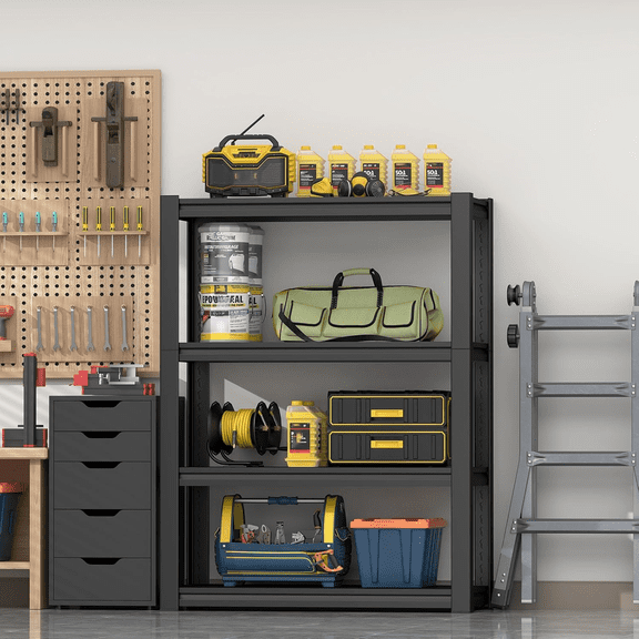 Metal Garage Shelving Unit, 4-Tier Adjustable Large Storage Shelves, 2000LBS for Garage, Basement, Pantry Industrial Steel Shelving, Ideal for Tool Organization, Black, 44" H x 25" W x 14" D