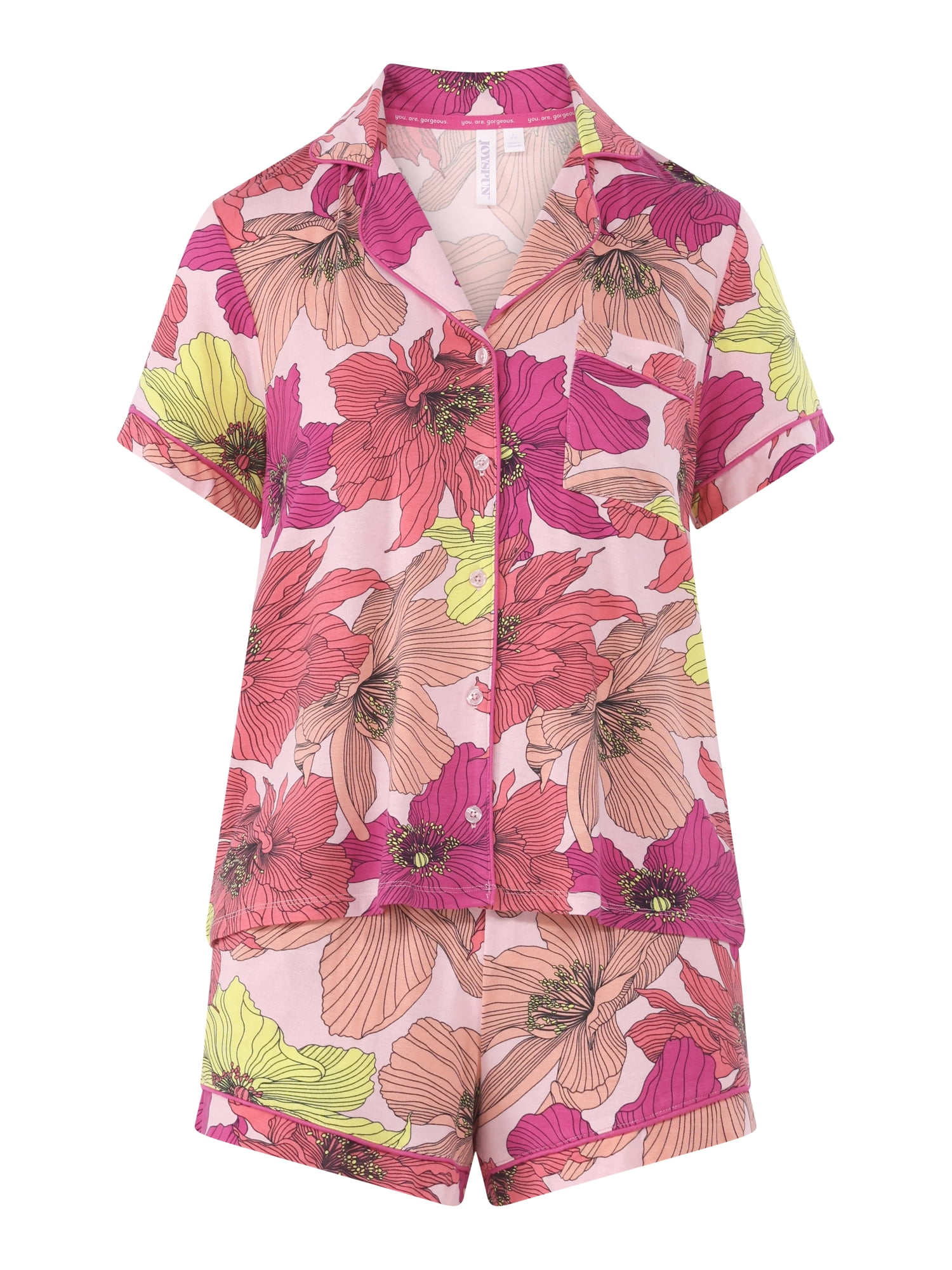 Joyspun Women’s Notch Collar Top and Shorts Pajama Set with Piping, 2-Piece, Sizes XS-3X