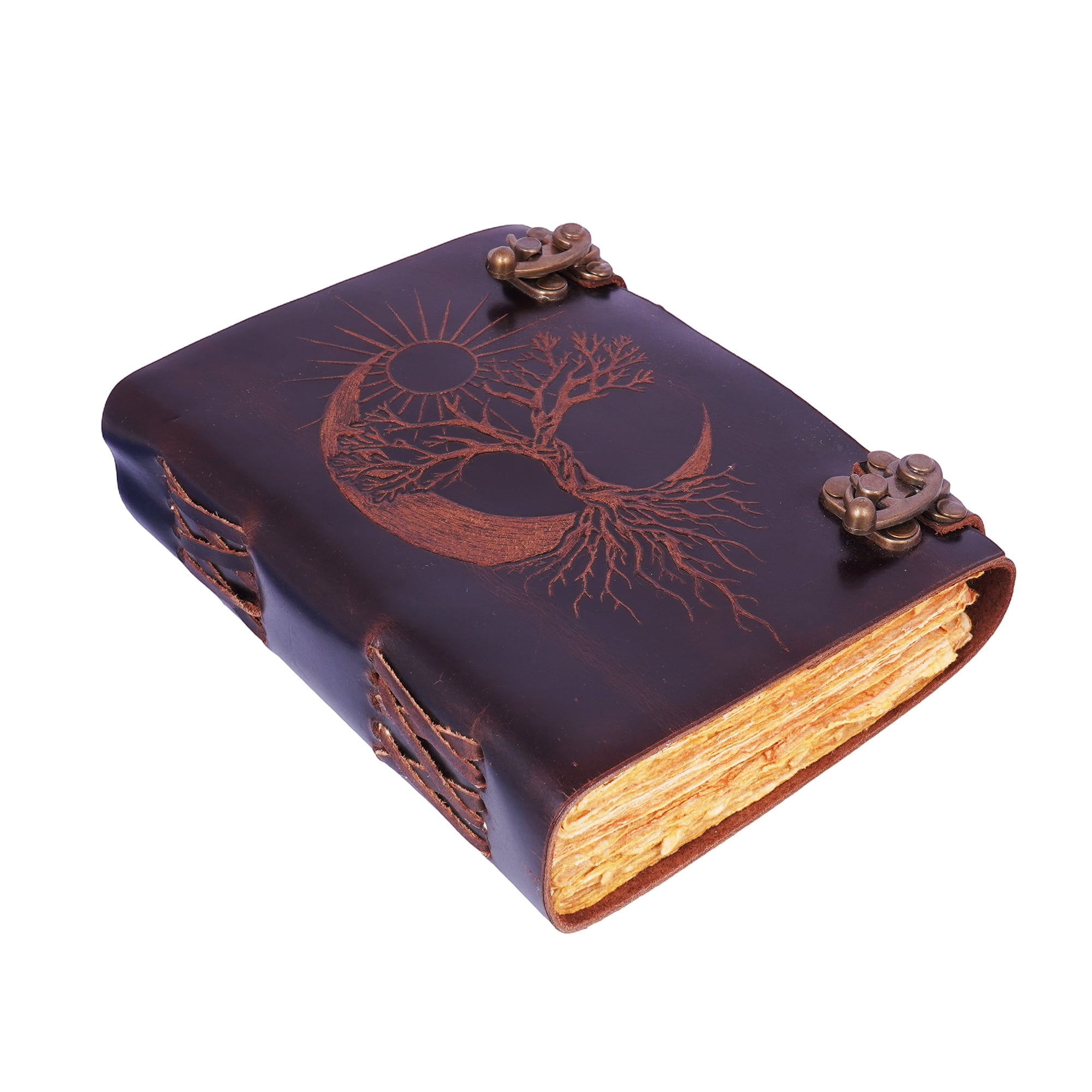 Sun Moon Tree Leather Journal – Handmade Brown 5x7 Embossed Diary with Celestial Tree Design