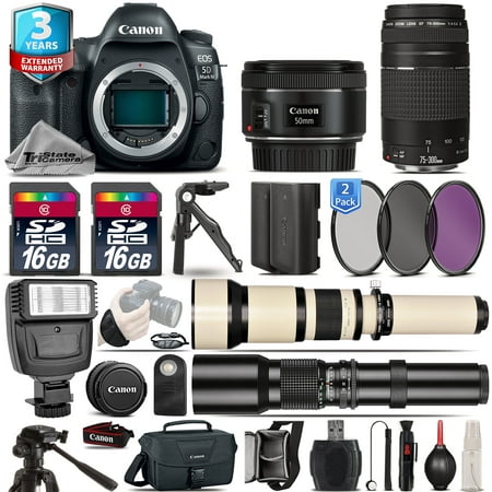 Canon EOS  5D Mark IV Camera + 50mm 1.8 + 75-300mm III + EXT BATT + 2yr